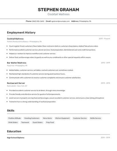 Cocktail Waitress Resume