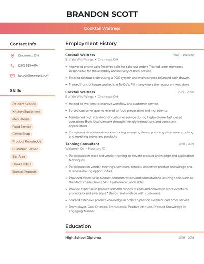 Cocktail Waitress Resume