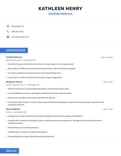 Cocktail Waitress Resume
