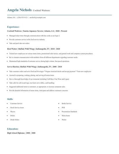 Cocktail Waitress Resume