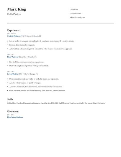 Cocktail Waitress Resume