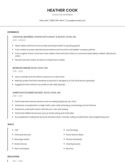 Cocktail Waitress Resume