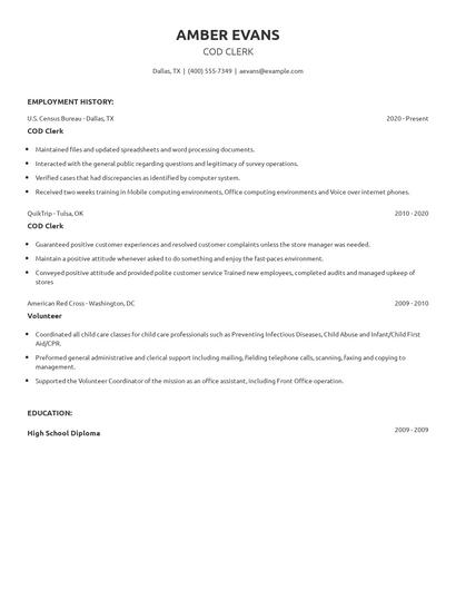 COD Clerk Resume