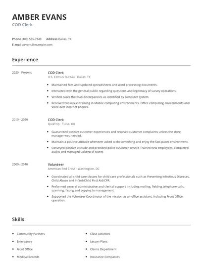 COD Clerk Resume