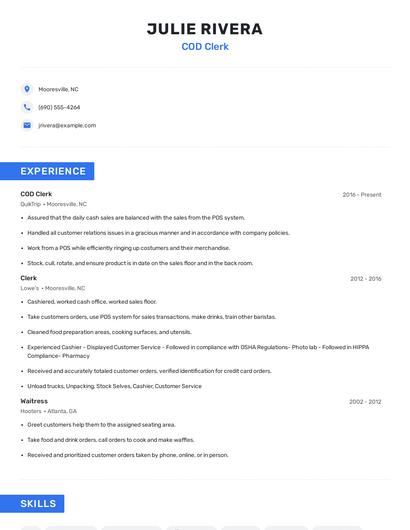 COD Clerk Resume