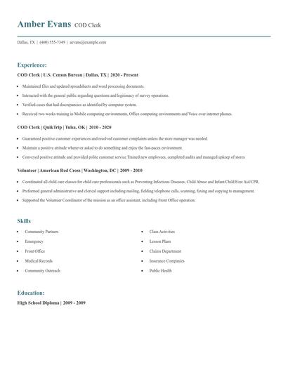 COD Clerk Resume