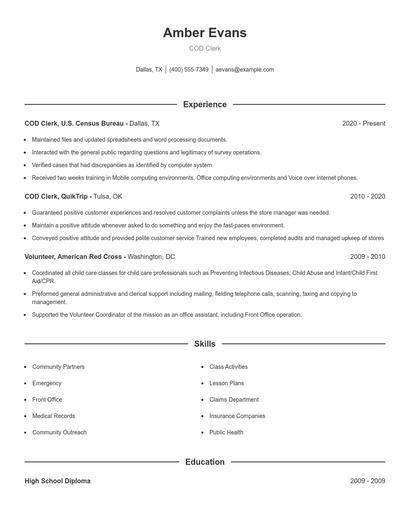 COD Clerk Resume
