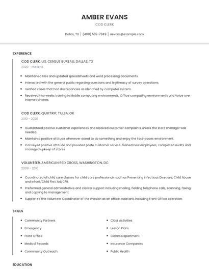 COD Clerk Resume