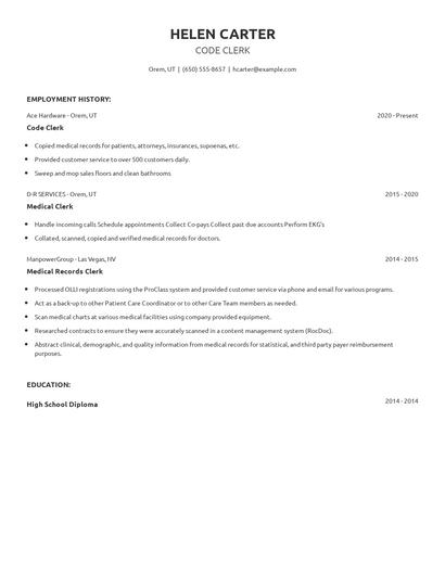 Code Clerk Resume