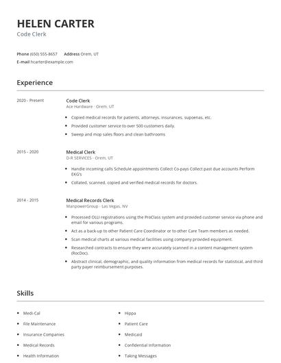 Code Clerk Resume