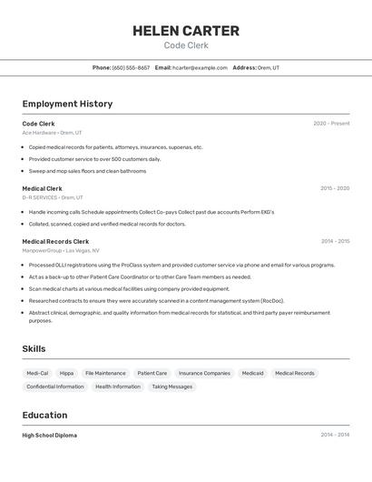 Code Clerk Resume