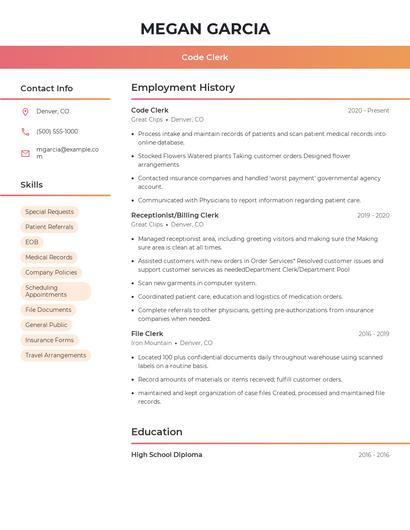 Code Clerk Resume