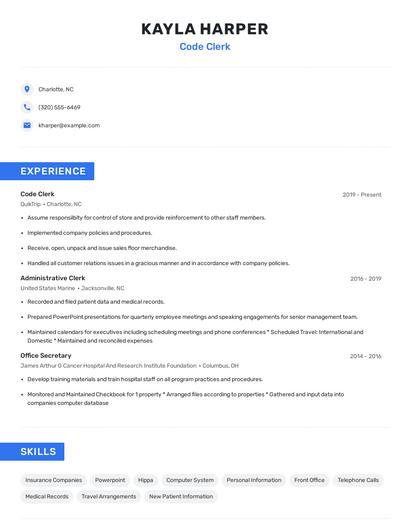 Code Clerk Resume