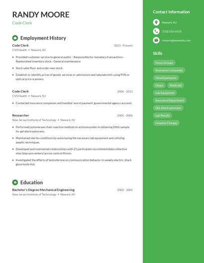 Code Clerk Resume