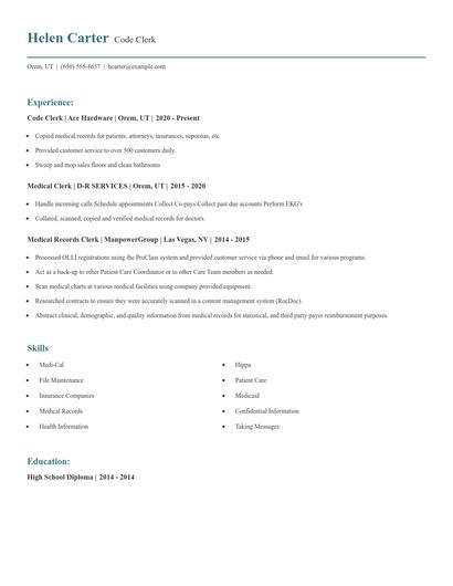 Code Clerk Resume