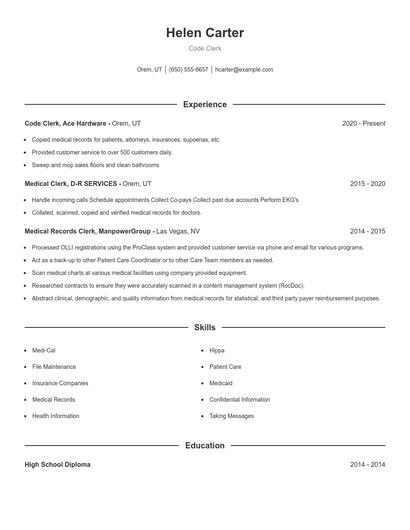Code Clerk Resume
