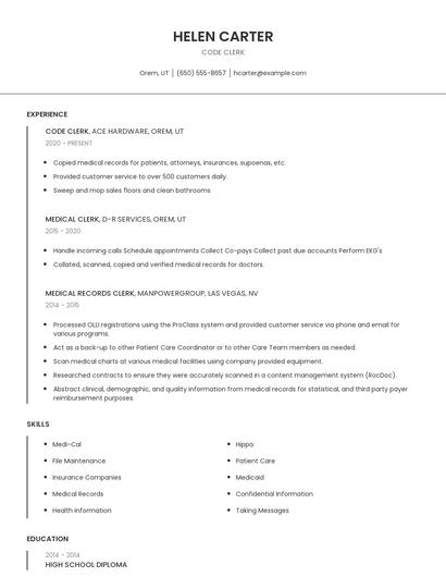Code Clerk Resume