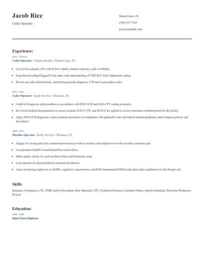 Coder Operator Resume