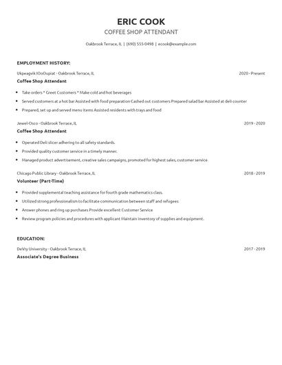 Coffee Shop Attendant Resume
