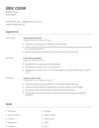 Coffee Shop Attendant Resume