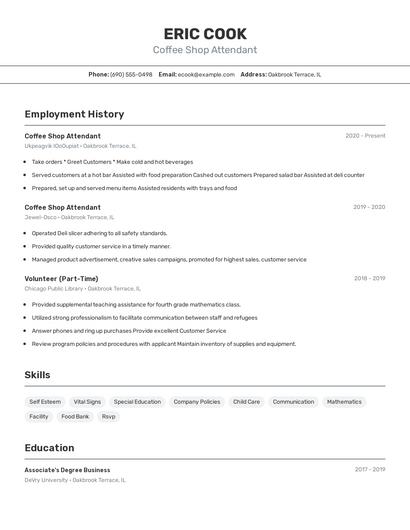 Coffee Shop Attendant Resume