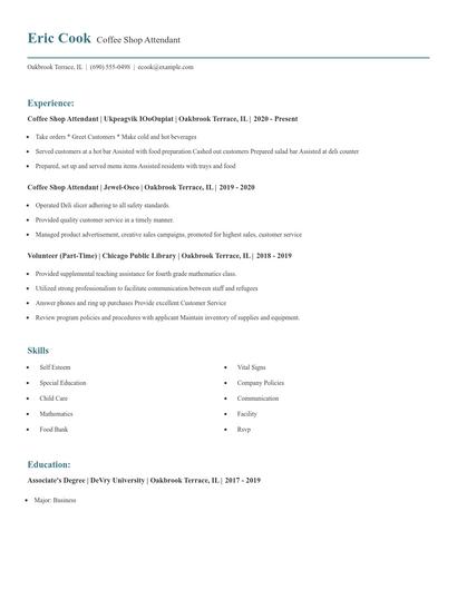 Coffee Shop Attendant Resume