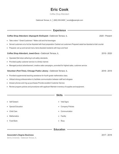 Coffee Shop Attendant Resume