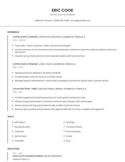 Coffee Shop Attendant Resume