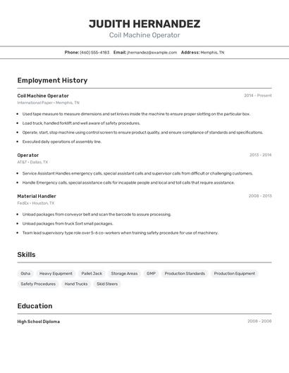 Coil Machine Operator Resume
