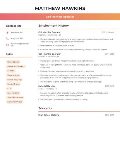 Coil Machine Operator Resume