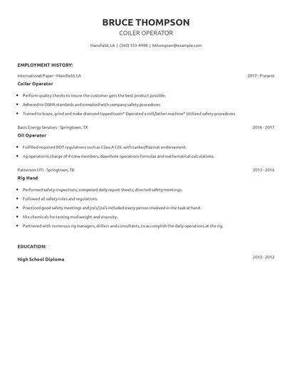 Coiler Operator Resume