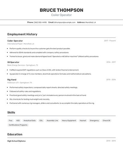 Coiler Operator Resume