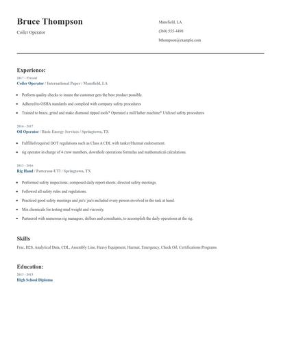 Coiler Operator Resume