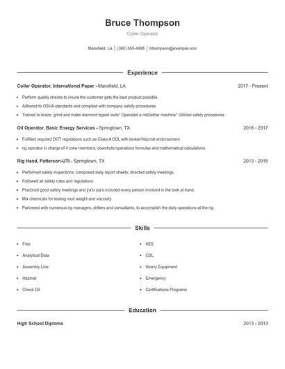 Coiler Operator Resume