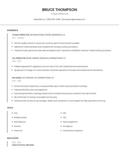 Coiler Operator Resume