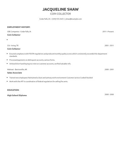 Coin Collector Resume