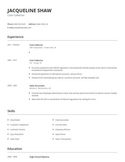 Coin Collector Resume