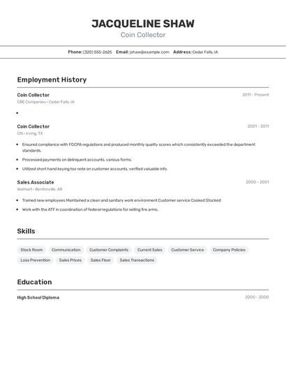 Coin Collector Resume