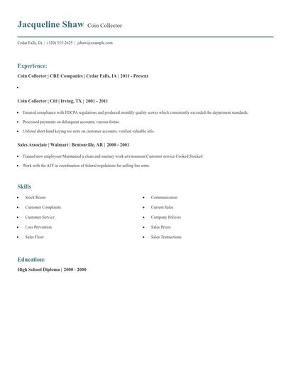Coin Collector Resume