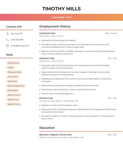 Cold Meat Cook Resume