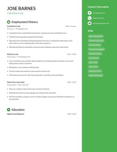 Cold Meat Cook Resume