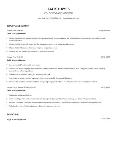 Cold Storage Worker Resume