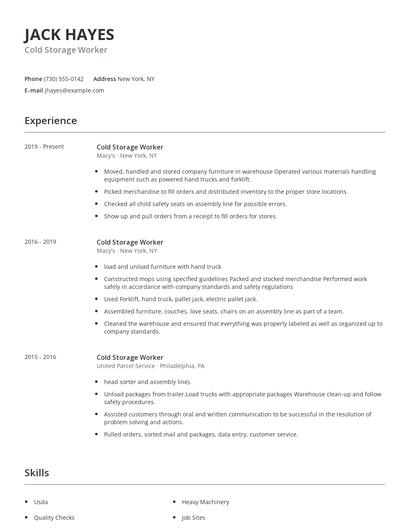 Cold Storage Worker Resume