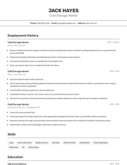 Cold Storage Worker Resume