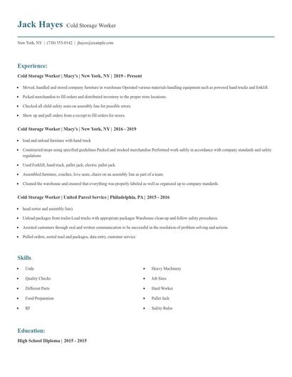 Cold Storage Worker Resume
