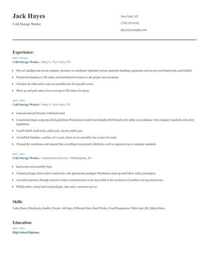 Cold Storage Worker Resume