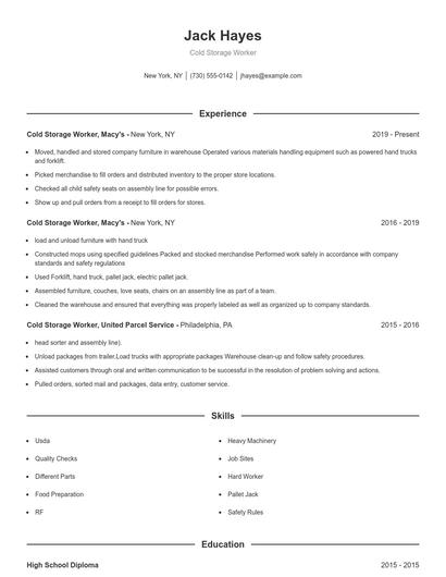 Cold Storage Worker Resume