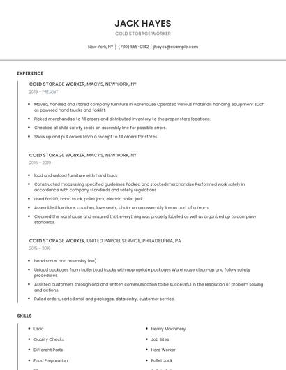 Cold Storage Worker Resume