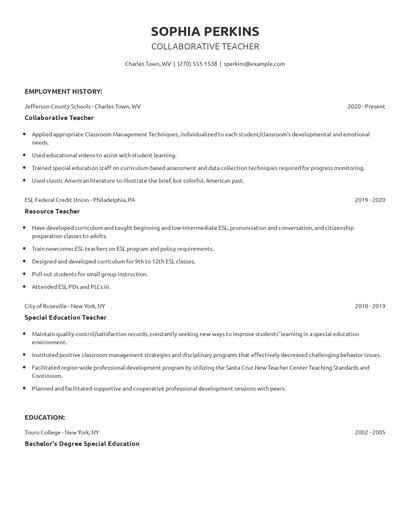 Collaborative Teacher Resume