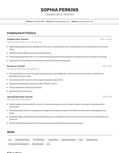 Collaborative Teacher Resume